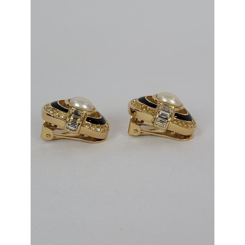 Christian Dior Vintage Black Enamel, Crystal & Faux Pearl Clip Earrings Signed - Picture 4 of 9